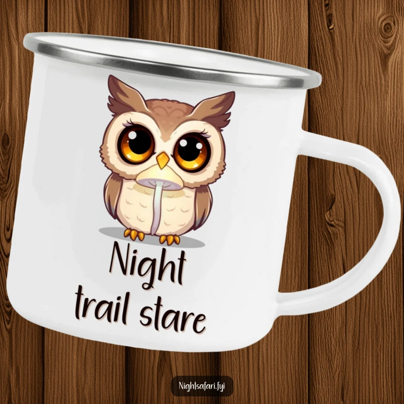 Funny curious owl with oversized eyes, lit by a glowing mushroom, a durable camping mug for enchanted adventures.