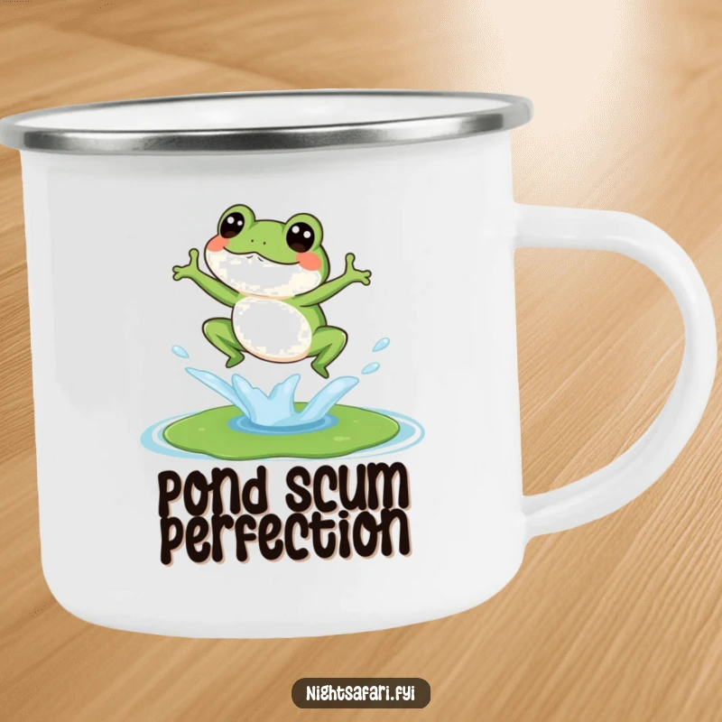 Funny, durable camping mug featuring a giggling frog splashing onto a lily pad, ideal for outdoor enthusiasts.