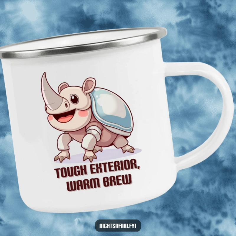 Funny Rhinoceros Beetle Camping Mug: A joyful beetle with shiny armor crawling upwards, durable for outdoor adventures and humor.