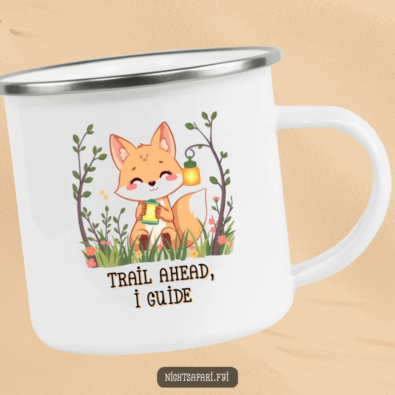 Funny camping mug with a smiling fox peeking from bushes, holding a glowing lantern, perfect for outdoor adventures humorously.