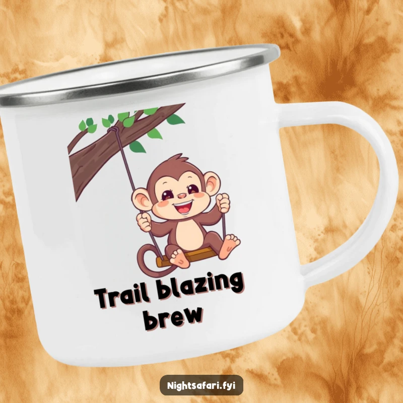 Funny Monkey Headlamp Camping Mug: A playful monkey wearing a headlamp swings, ideal for outdoor drinks, a sturdy funny gift.