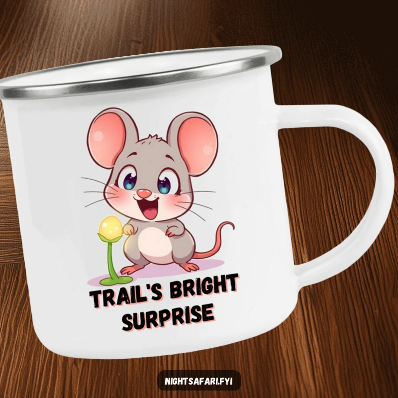 Funny Camping Mug: A wide-eyed, astonished mouse looking at a magical, glowing plant during an outdoor adventure.