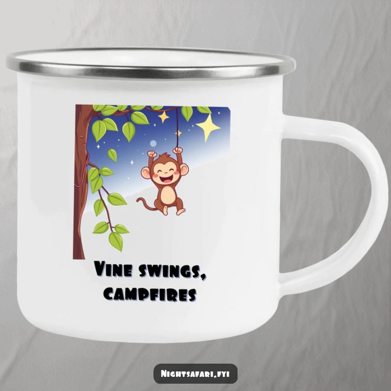 Funny camping mug with a playful monkey swinging from a vine under a starry sky, for outdoor nights.