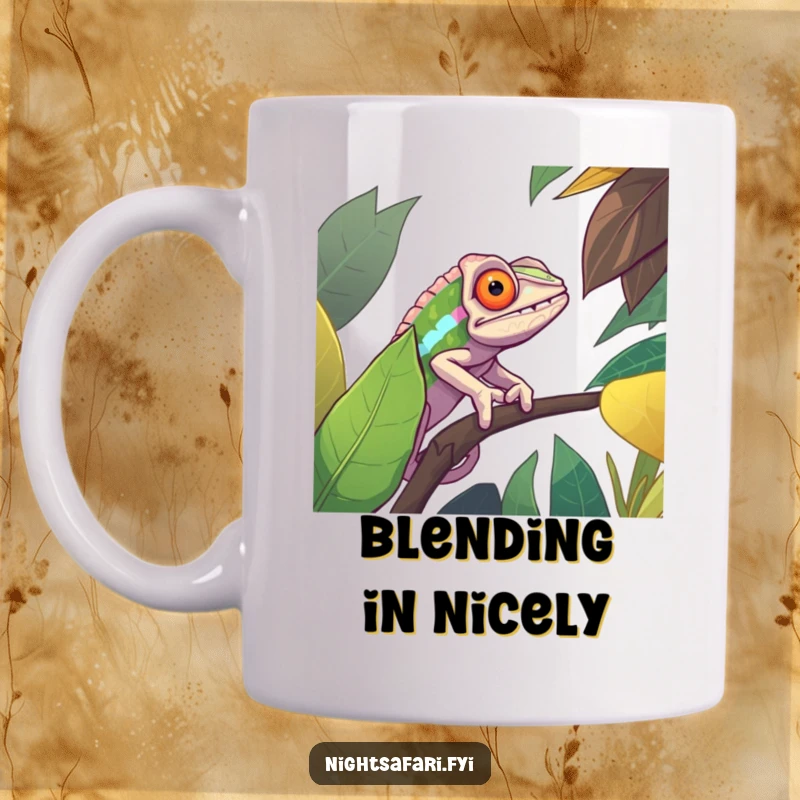 Funny mug showcasing a determined chameleon expertly camouflaged against a brightly colored jungle leaf, highlighting its blending skills.