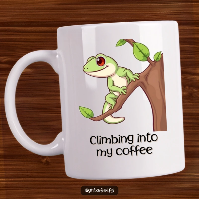 Funny Gecko Climbing Mug featuring a happy gecko scaling a branch with enthusiastic, energetic strides, perfect for animal enthusiasts.