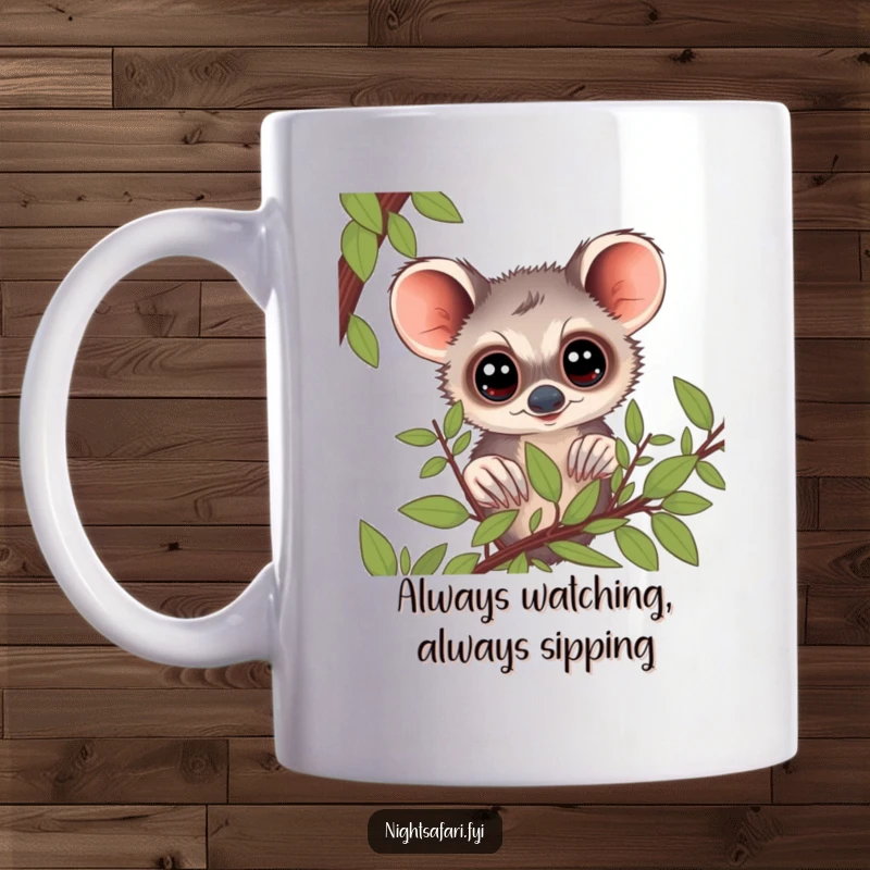 Funny Bushbaby Mug: A curious bushbaby with big eyes peering from foliage, ideal for a humorous gift.