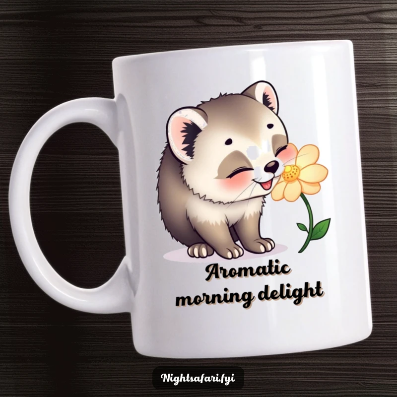 Funny mug featuring a happy civet cat joyfully sniffing a glowing flower, radiating pure contentment and delight.