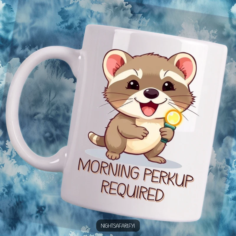 Funny delighted civet wearing a headlamp scurrying quickly, perfect for a humorous mug for exotic animal lovers.