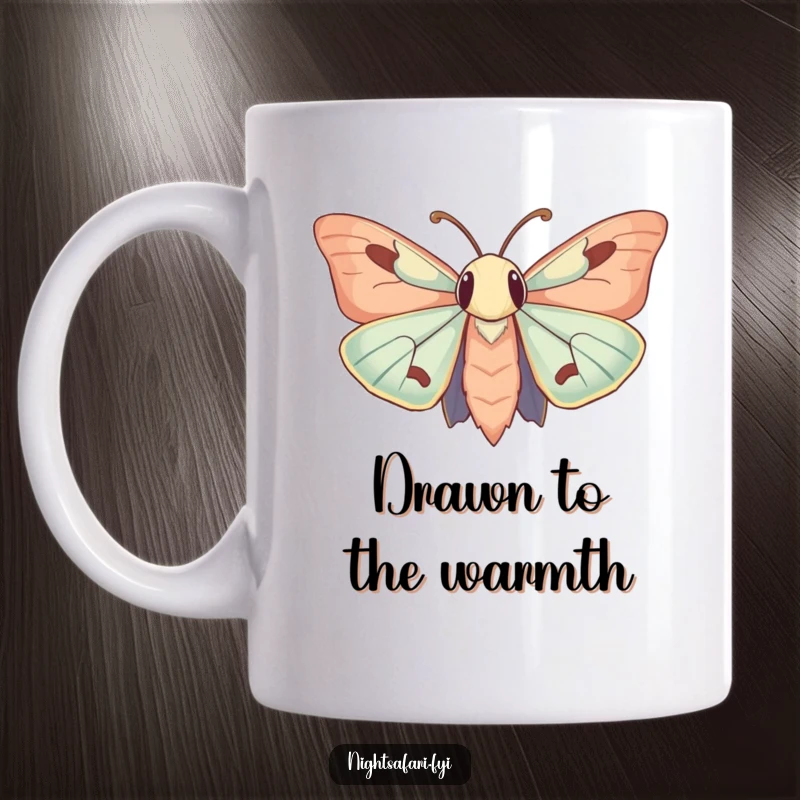 Funny Mug: A moth with large, curious antennae intently focused on a gentle, glowing light source, conveying humor.