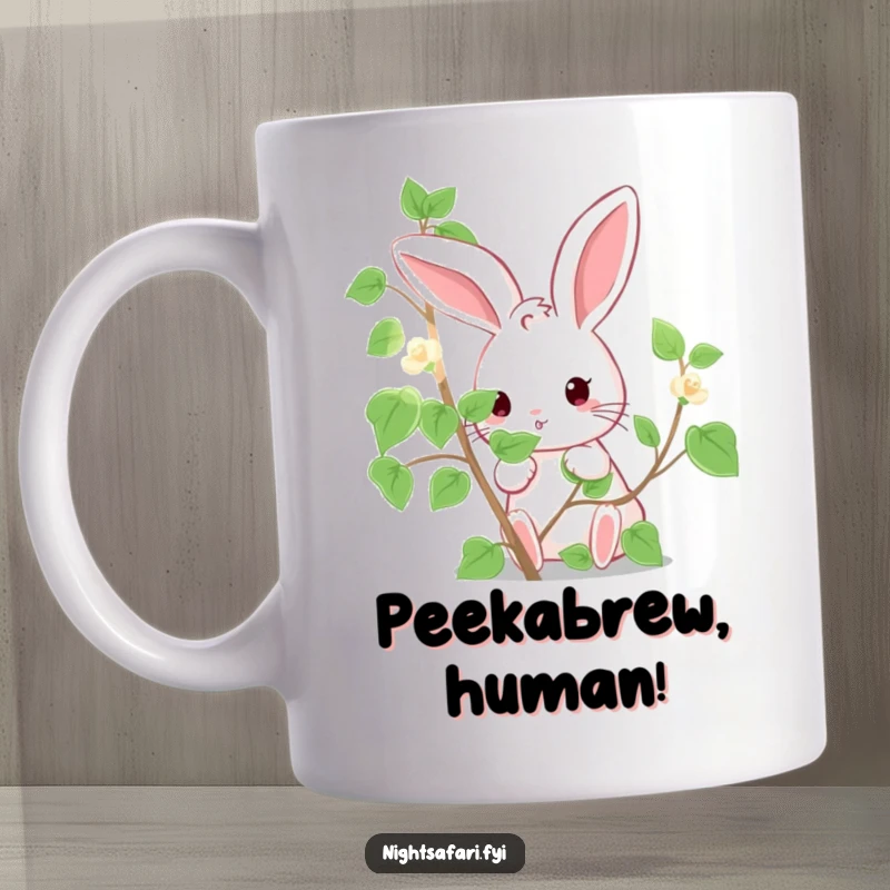 Funny Mug: A cute bunny character with wide eyes humorously peeking from behind a brightly luminous vine.
