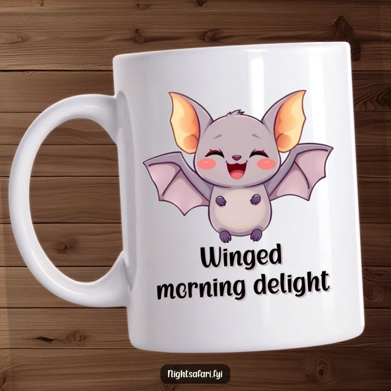 Funny mug featuring a delighted bat with tiny glowing wings doing a joyful flutter, exuding quirky charm and nocturnal fun.