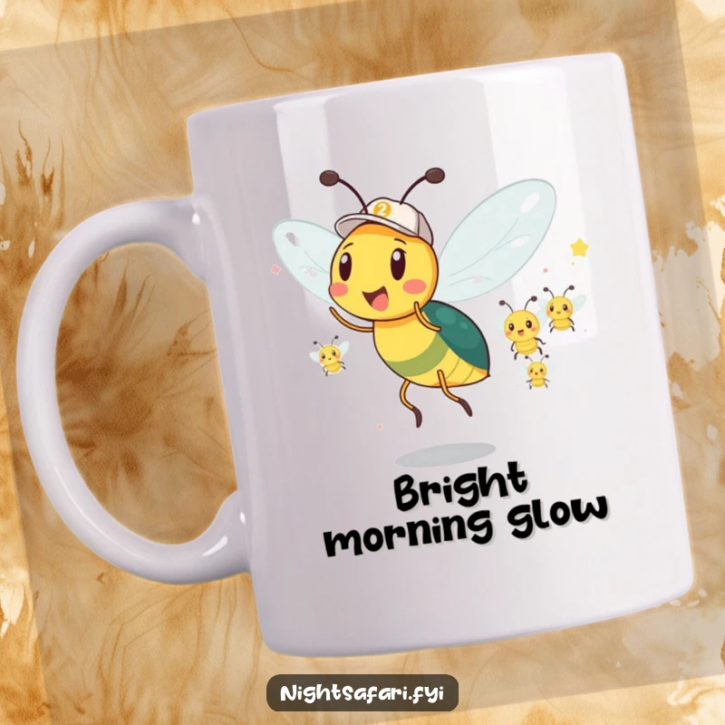 Funny Firefly Mug: An excited firefly in a cap leads a glowing parade of friends, radiating joy and light.