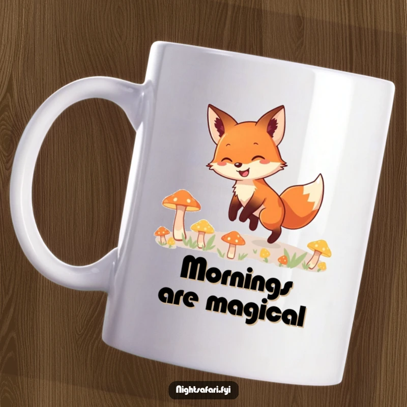Funny mug depicting a smiling fox with a sly grin, tiptoeing cautiously through a patch of luminous, glowing mushrooms in a forest.