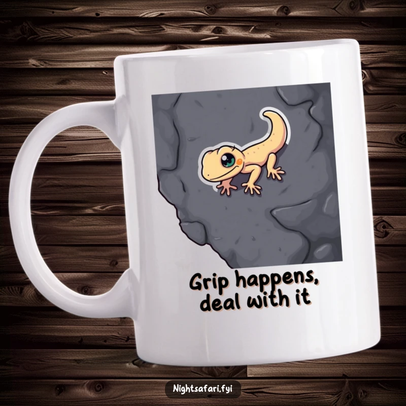 Funny Gecko Mug: A determined gecko scales a dark, textured surface with hilarious focus, perfect for a coffee lover.