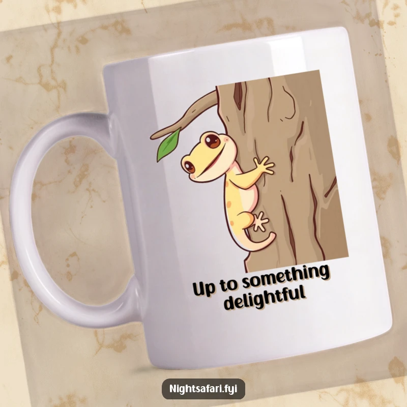Funny Gecko Mug: A giggling gecko with a long tail scurrying up bark, bringing humor and joy.
