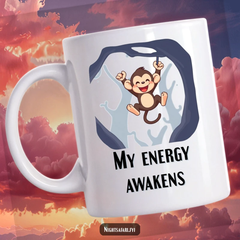 Funny monkey mug featuring a jubilant monkey character swinging energetically through the darkness with a playful grin.