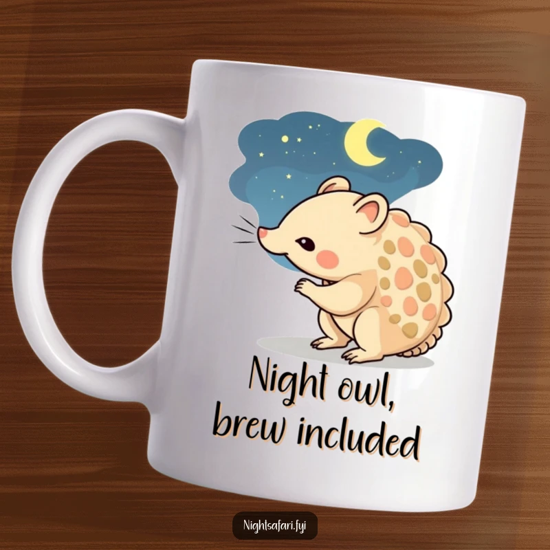 Funny mug featuring a curious pangolin character sniffing the cool night air with an inquisitive expression.