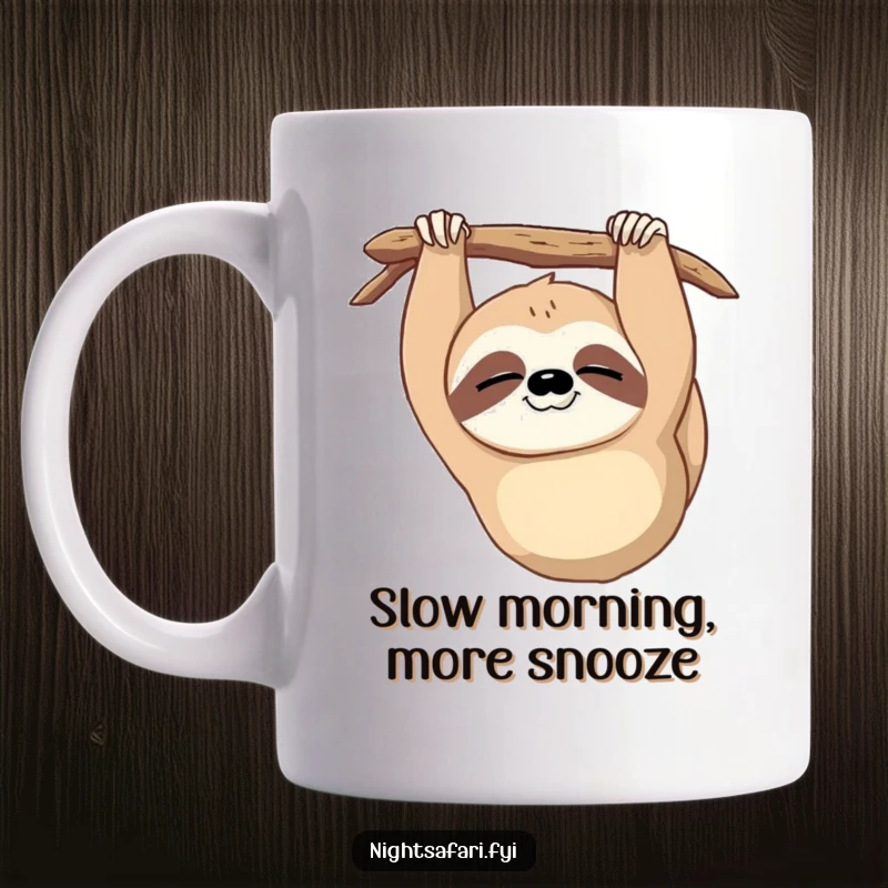 Funny Sloth Wink Mug: A sleepy sloth hanging upside down, giving a slow, charming wink, perfect for a funny gift.