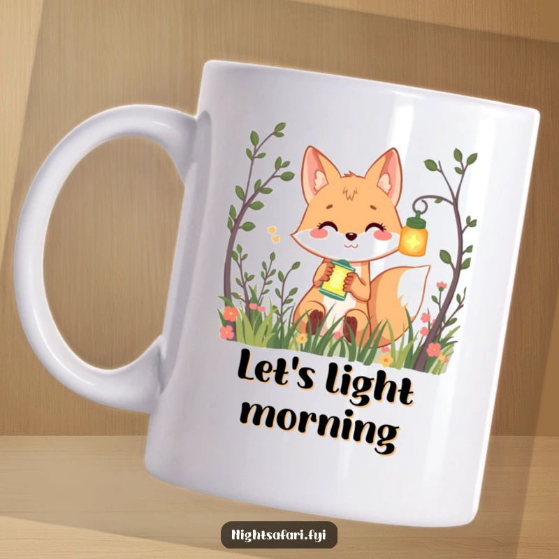 Funny mug with a smiling fox peeking from bushes holding a glowing lantern, radiating warmth and playful charm.
