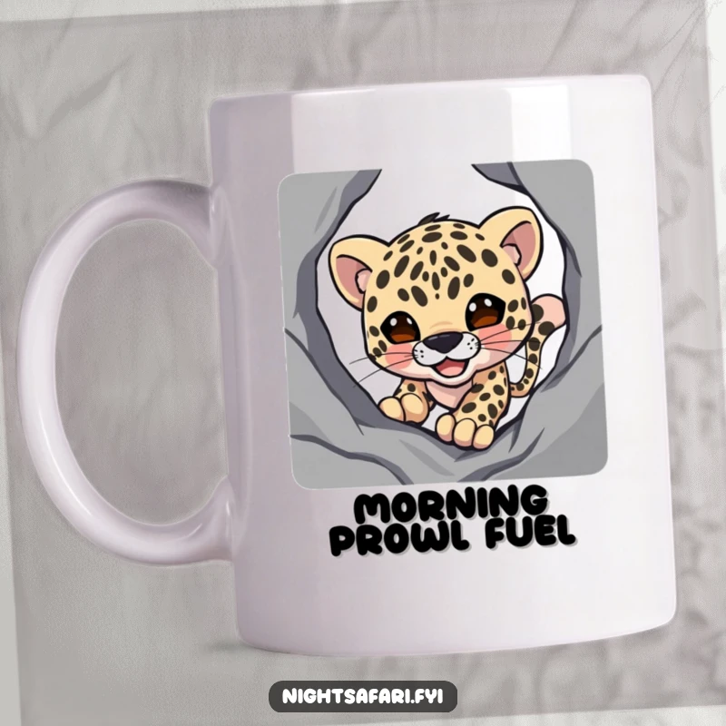 Funny mug featuring a smiling leopard character stealthily stalking through dark shadows, embodying quiet mischief.