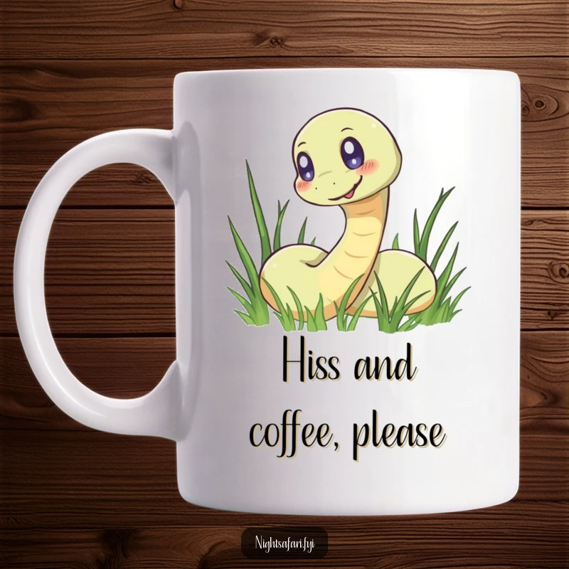 Funny snake mug featuring a smiling reptile with bright, glowing eyes slithering through vibrant green grass.