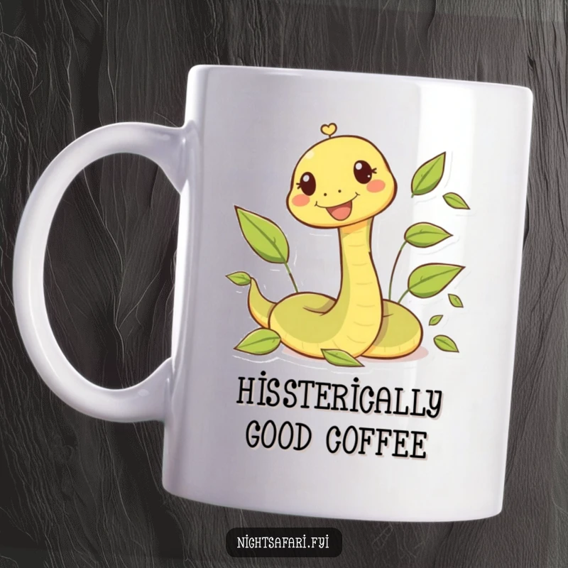 Funny mug featuring a happy snake character playfully slithering through a pile of autumn leaves.