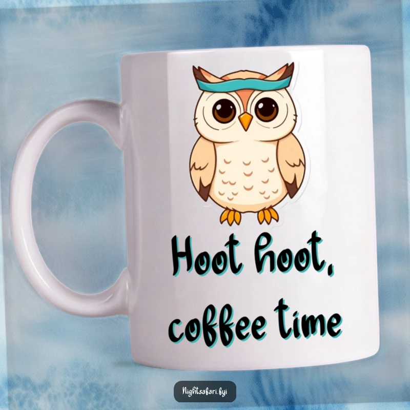 Funny Owl Headband Mug: A cute owl wearing a headband hoots merrily, looking wise and adorable, a perfect funny gift.