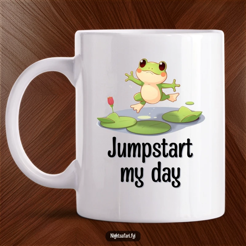 Funny mug featuring a playful frog character leaping across lily pads in dim, atmospheric light, looking joyful.