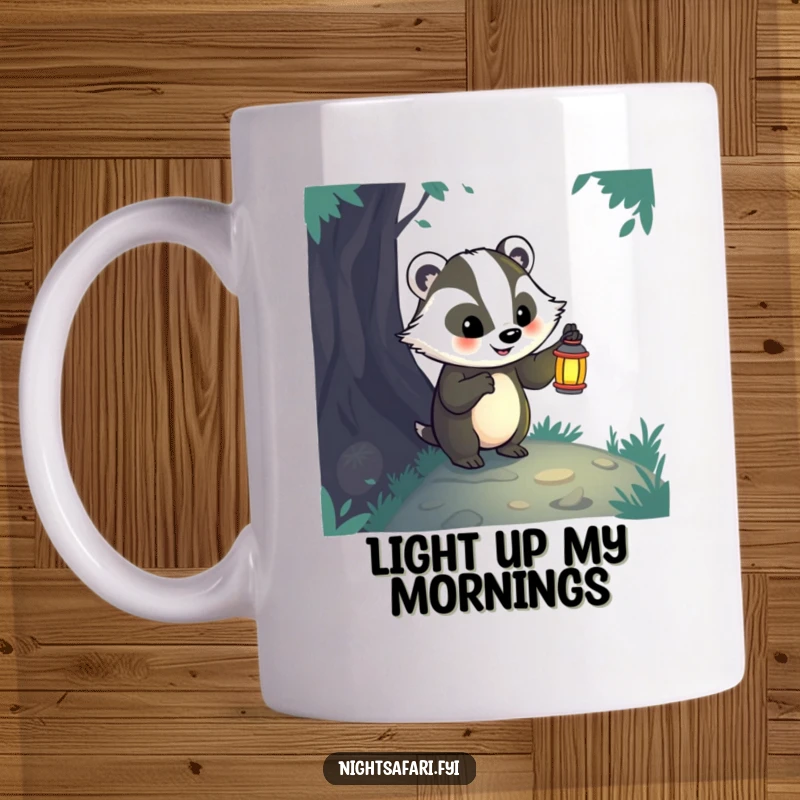 Funny happy badger holding a lantern, curiously exploring a dark path, embodying bravery and a sense of adventure.