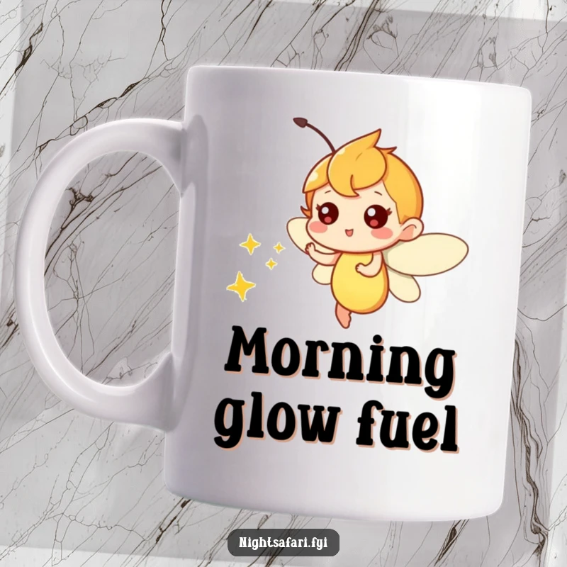 Funny mug with a playful firefly character zipping around energetically, emitting a soft, glowing light.