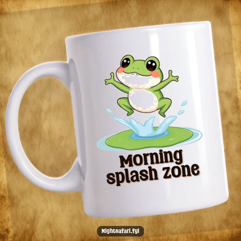 Funny mug featuring a giggling frog with a joyful expression, splashing onto a lily pad with excitement.