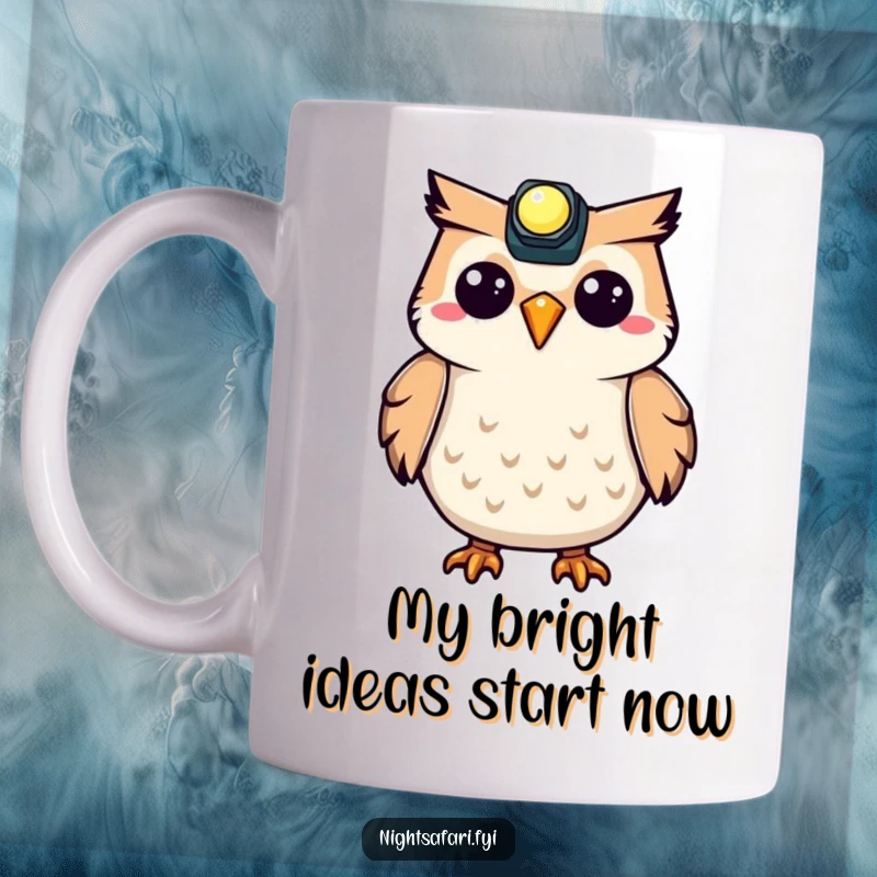 Funny Owl Mug with a glowing headlamp, happily hooting with joy, perfect for a morning coffee or tea gift.