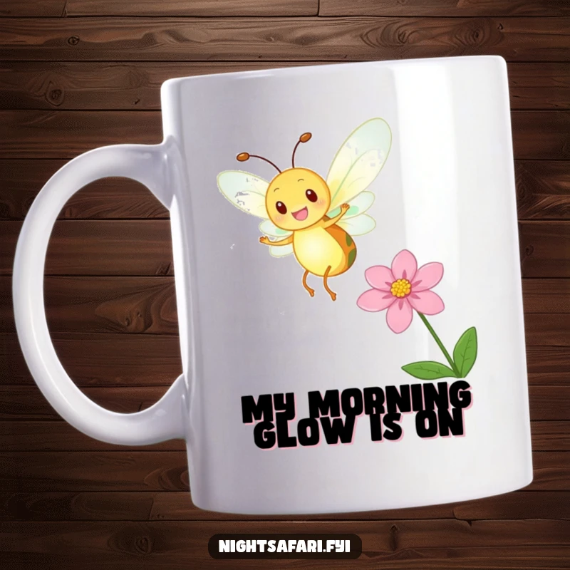 Funny Firefly Mug featuring a delighted firefly with a glowing body dancing near a flower, bringing light and humor.
