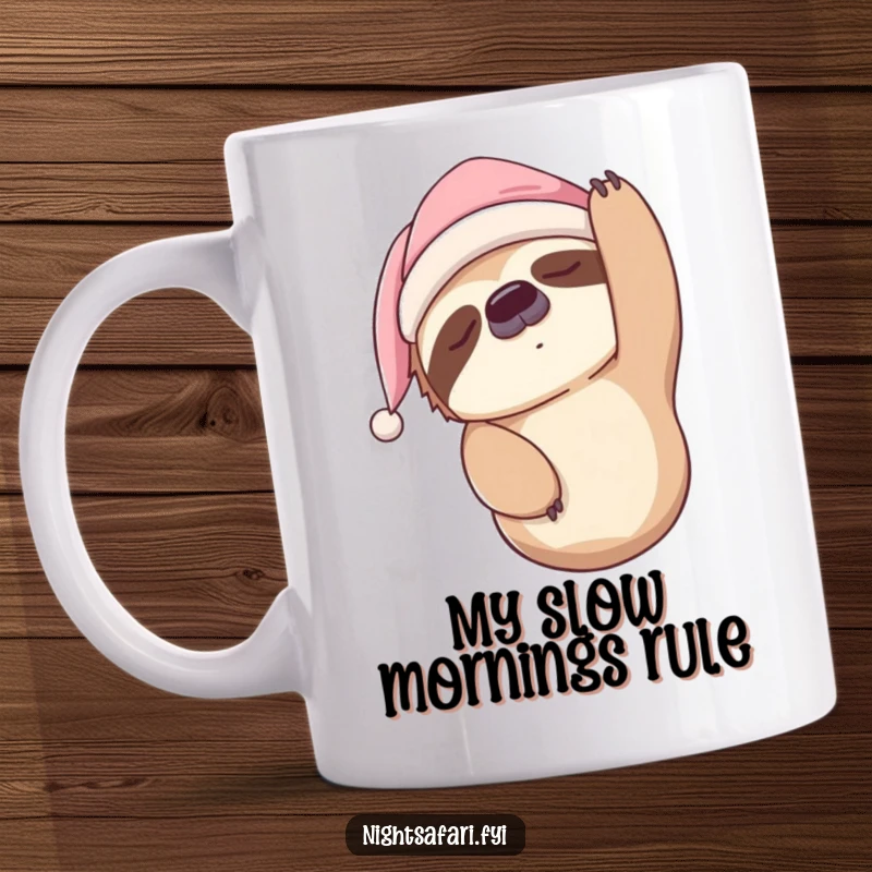 Funny Sloth Mug featuring a sleepy sloth in a nightcap, hanging upside down, perfect for coffee lovers who relate.