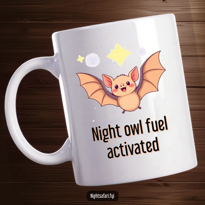Funny Fruit Bat Mug featuring a delighted fruit bat soaring joyfully beneath a beautiful starry night sky, whimsical art.