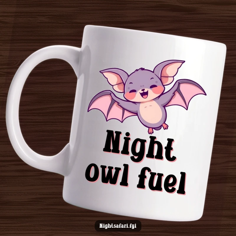 Funny mug featuring a giggling bat character doing a playful loop-the-loop overhead, filled with midnight mischief and joy.