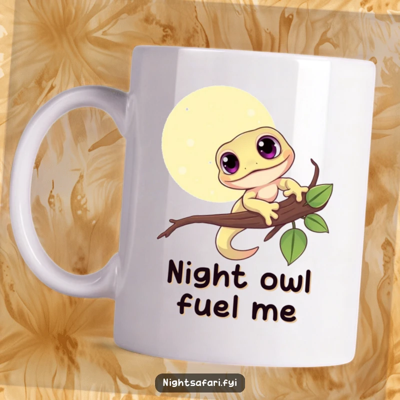 Funny gecko mug featuring a cute reptile with big eyes clinging to a branch under a bright moon.