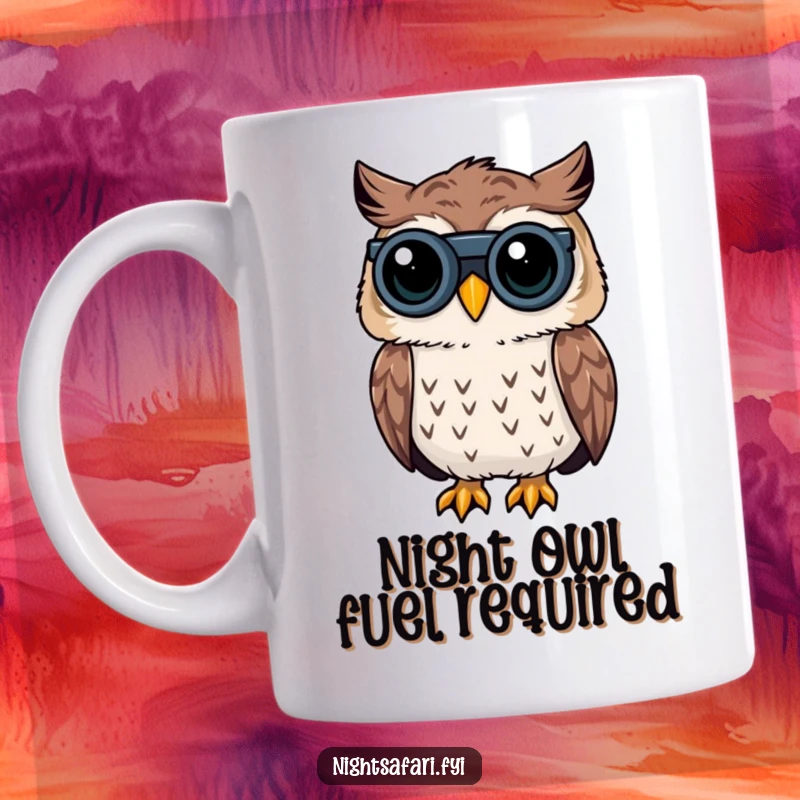 Funny Owl Binoculars Mug: A wise owl wearing tiny binoculars, peering into the darkness with curiosity, perfect for a funny gift.