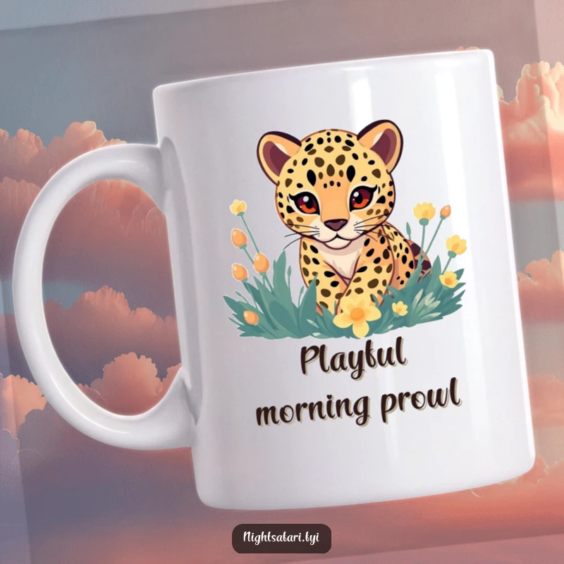 Funny Mug: A leopard with gentle eyes playfully stalking through vibrant, glowing flora, showcasing humorous elegance.