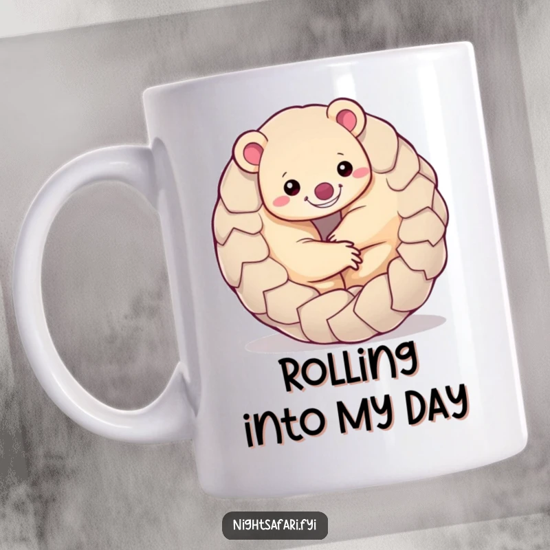 Funny Pangolin Mug featuring a smiling pangolin curled into a perfectly round, playful ball, radiating happiness.