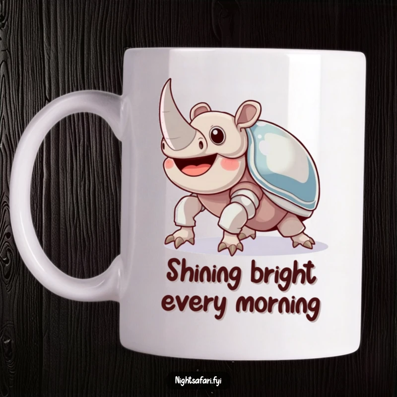 Funny Rhinoceros Beetle Mug: A joyful beetle with shiny armor crawling upwards, symbolizing strength and humor.