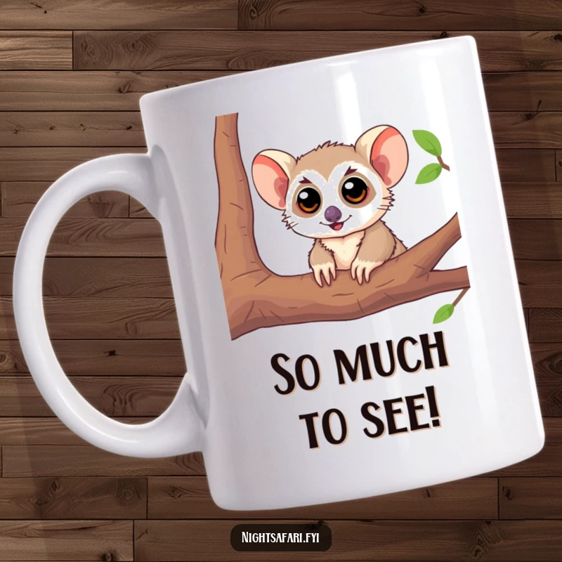 Funny Tarsier Mug with large, curious eyes peeking from a branch, adding humor and charm to your coffee cup.