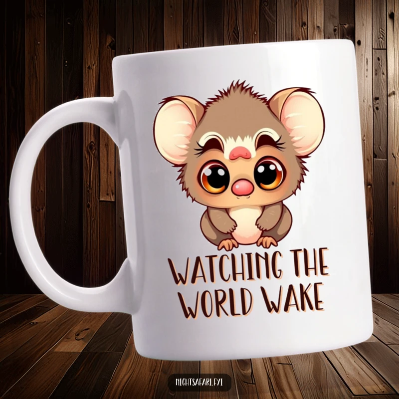 Funny mug featuring a playful tarsier character with enormous, curious eyes, looking intently at the viewer.