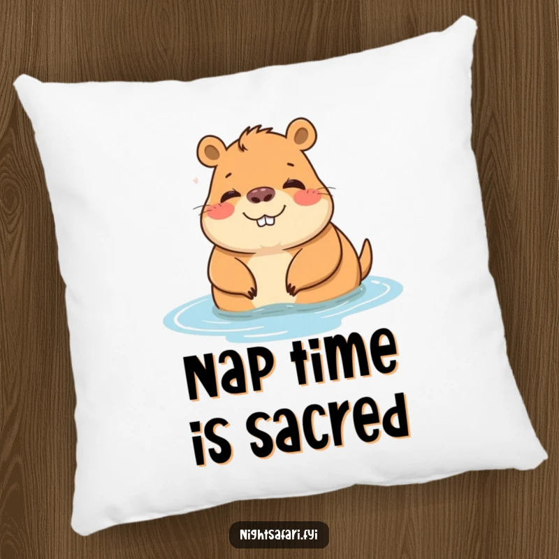 Funny pillow featuring a cheerful capybara character relaxing by water, perfect for cozying up.