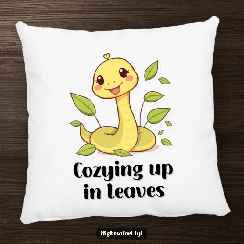 Funny decorative pillow featuring a happy snake character nestled playfully within soft, colorful leaves.