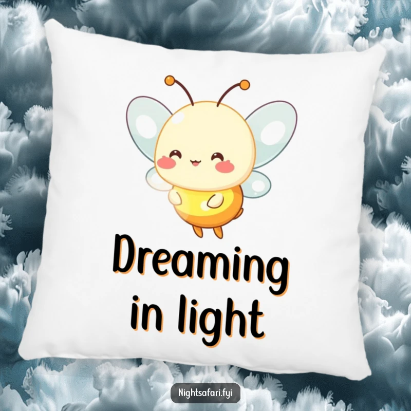 Funny firefly pillow featuring a cheerful firefly character emitting a soft, warm glow, perfect for comfort.