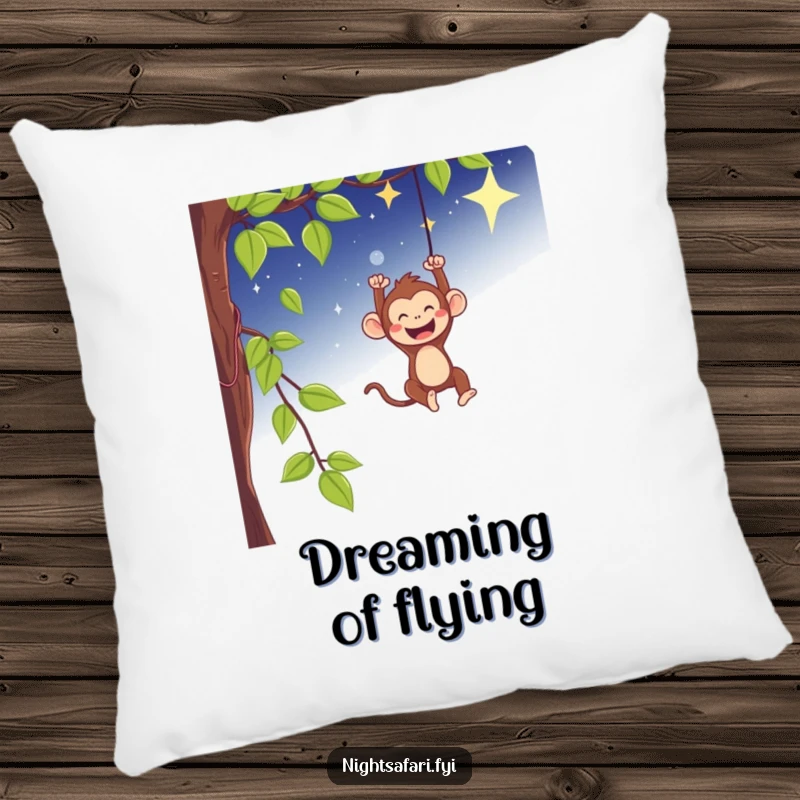 Funny monkey pillow swinging gleefully from a vine under a starry sky, soft and adventurous decor.
