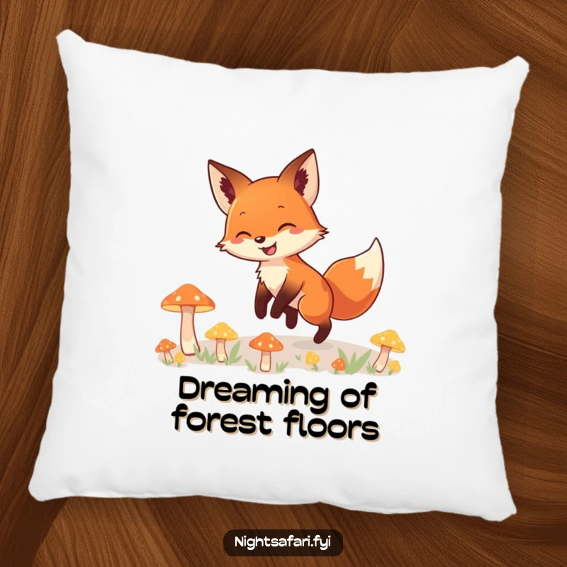 Funny pillow featuring a happy, smiling fox tiptoeing through a magical scene filled with softly glowing mushrooms, adding charm.