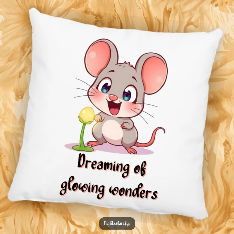 Funny Pillow: A soft pillow showing a mouse with comical, wide-open eyes shocked by a bioluminescent glowing plant.