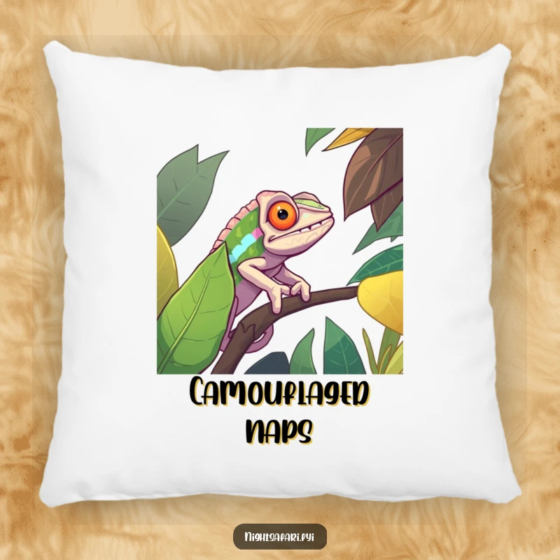 Funny pillow with a determined chameleon perfectly blended against a vibrant jungle leaf, providing comfort and a touch of clever humor.